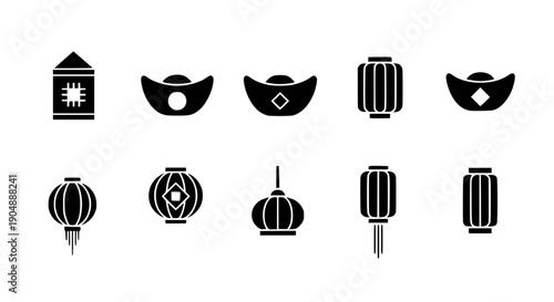 Lunar New Year Celebration Symbols: A collection of meticulously crafted, elegant black silhouettes on a pristine background.