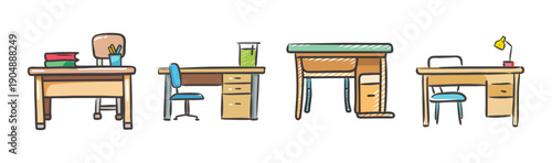 Collection of four cartoon desks with chairs and office supplies.