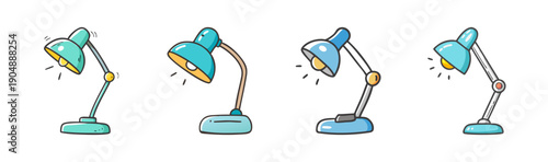 Four cartoon desk lamps in various blue and teal colors with light.