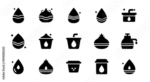 Water Drop Icon Collection: A meticulously curated collection of water drop icons, rendered in a sleek, minimalist style, perfect for representing purity and hydration.