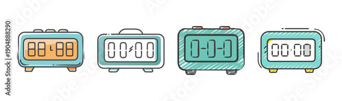 Set of four cartoon digital alarm clocks with different displays