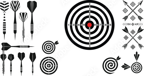 Archery target and dart icons collection in black and white style, symbolizing goal achievement, accuracy, focus, strategy, success and competitive business concept