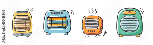 Assortment of four portable electric heaters with heat elements.
