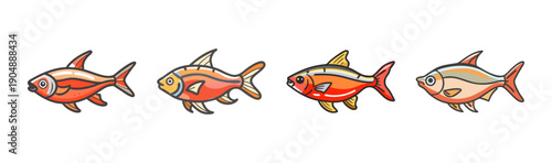 Four vibrant ember tetra fish swimming in a line.