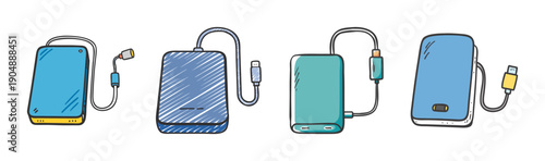 Collection of four portable external hard drives and power banks.