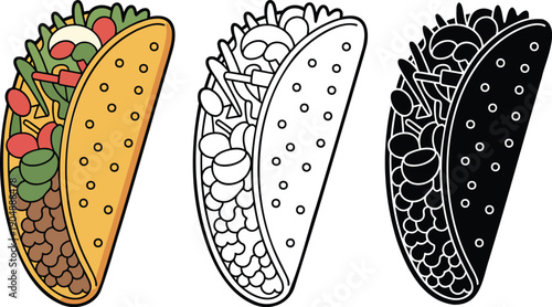 Taco silhouette & Outline and illustration set isolated on transparent background