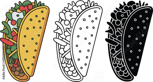 Taco silhouette & Outline and illustration set isolated on transparent background
