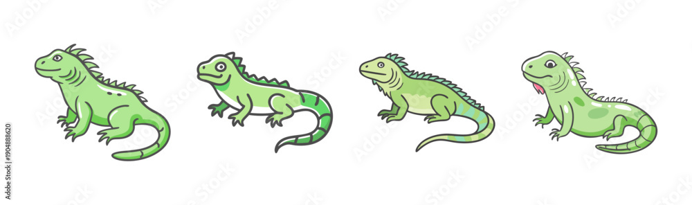 Fototapeta premium Four adorable cartoon iguanas with green skin and spiky crests, isolated on white.