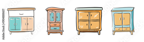 A collection of four cute, hand-drawn cartoon cabinets and hutches in pastel colors.