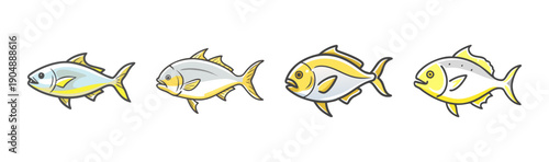Four stylized jack crevalle fish with yellow fins and silver bodies, isolated on white.