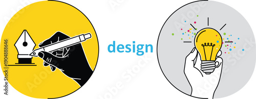 Design concept illustration with hands, pen, light bulb, creativity, innovation, graphic design, visual art, idea generation, inspiration