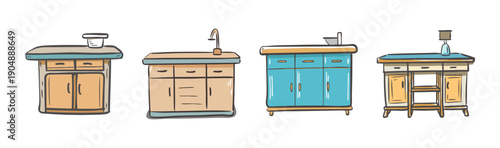 Various kitchen island designs with countertops, drawers, and cabinets