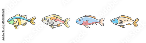 Four colorful cartoon fish illustrations in a row, isolated on white background.