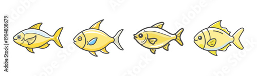 Four yellow cartoon lemon tetra fish illustrations in a row, isolated on white.