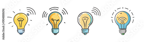 Set of four hand-drawn smart light bulbs with wifi signals