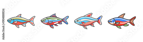 Collection of four vibrant neon tetra fish, detailed with colorful stripes and fins.