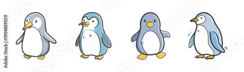 Cute cartoon penguins in various poses, isolated on white background