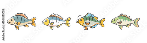 Assortment of cartoon perch fish swimming, colorful aquatic illustration