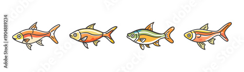 Four colorful cartoon rasbora fish swimming in a row, isolated on white.