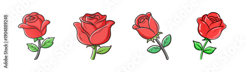 Four red roses with green leaves in cartoon style, isolated on white.