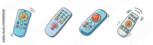 Four cartoon remote controls with buttons, isolated on white background.