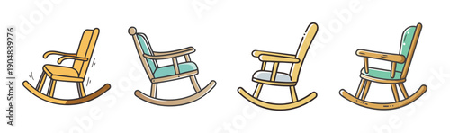 Four different styles of cartoon rocking chairs with wooden frames.