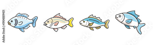 Four cute cartoon sea bass fish, isolated on white background.