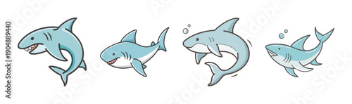 Set of four cartoon sharks swimming in the ocean, playful and friendly.