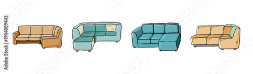 Collection of four hand-drawn sectional sofas in various colors and styles.