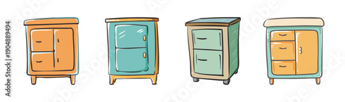 Set of four colorful cartoon side cabinets with drawers and doors