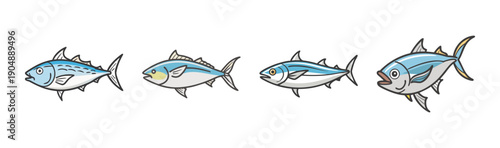 Foto Four stylized skipjack tuna fish swimming in blue water, cartoon style