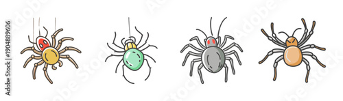 Collection of four cartoon spiders with different colors and poses