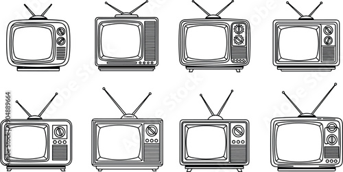 Black and white of eight old fashioned televisions with antennas old tv vintage tv