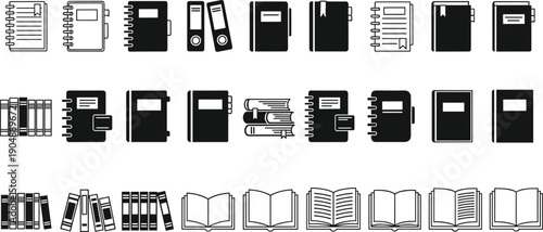 Book And Notebook Icon Set Featuring Closed Open And Stacked Books Library Education Study And Publishing Symbols Black And White Vector Illustration On Gray Background