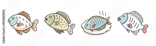 Four cartoon fish including one cooked and served on a plate