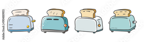Collection of four cartoon toasters with toast popping out, kitchen appliances.