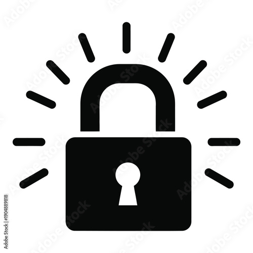 Black open padlock with radiating lines in monochrome style open lock unlocked security