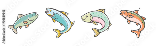 Four colorful cartoon trout fish swimming in water, isolated on white background.