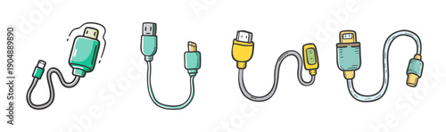Collection of USB cables with various connectors in a doodle art style.