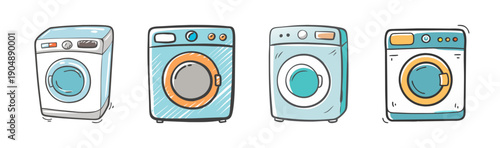 Set of four hand-drawn cartoon washing machines in different designs and colors.