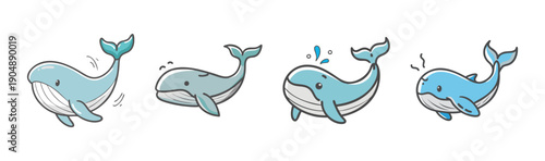 Collection of four adorable, blue cartoon whales swimming and splashing.