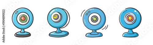 Group of four cute, blue cartoon webcams with different lens expressions.