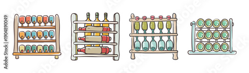 Wooden wine racks filled with bottles and glasses