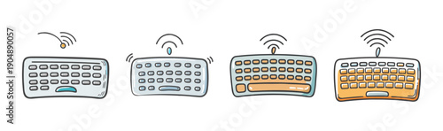 Set of four wireless computer keyboards with signal icons