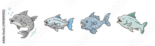 Four cartoon fish with sharp teeth and open mouths, hand-drawn style, isolated on white.