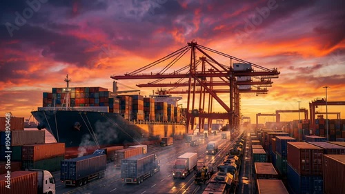 Containers are loaded onto a cargo ship at a busy port during sunset with vibrant sky colors and a busy dock area