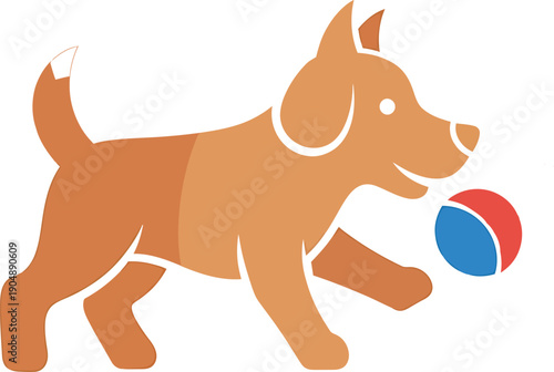 A playful brown dog icon chasing a colorful red and blue ball on a clean white background