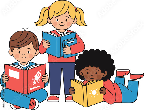 Group of three diverse children happily reading books together on a white background