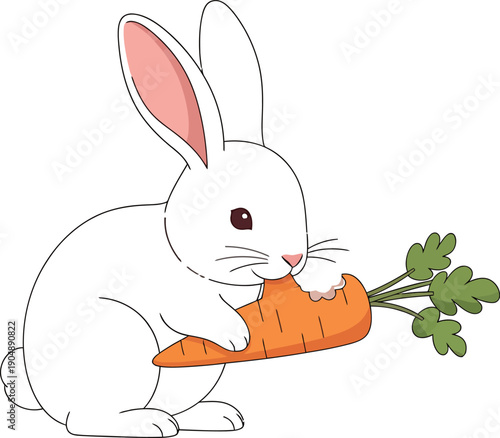 A cute white rabbit holding and eating a large orange carrot with green leaves.
