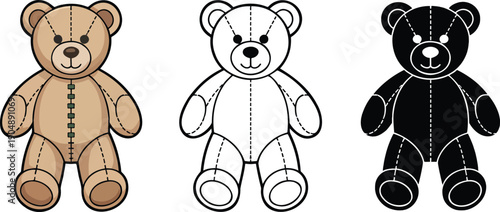 Teddy bear silhouette & Outline and illustration set isolated on transparent background